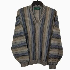 VTG Tundra Men Wool Blend Pullover Sweater Size L Tall Striped Textured V Neck